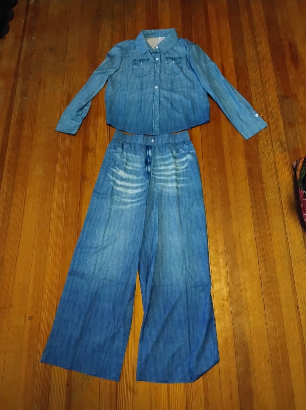 Denim Two-Piece Set - Blue Shirt & Wide Leg Pants